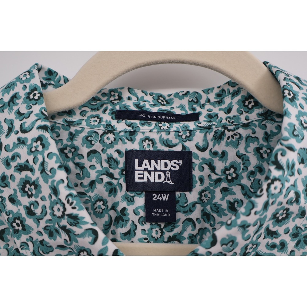 Lands' End Plus 24W Teal Floral Cotton Button Down Shirt - Picture 4 of 7